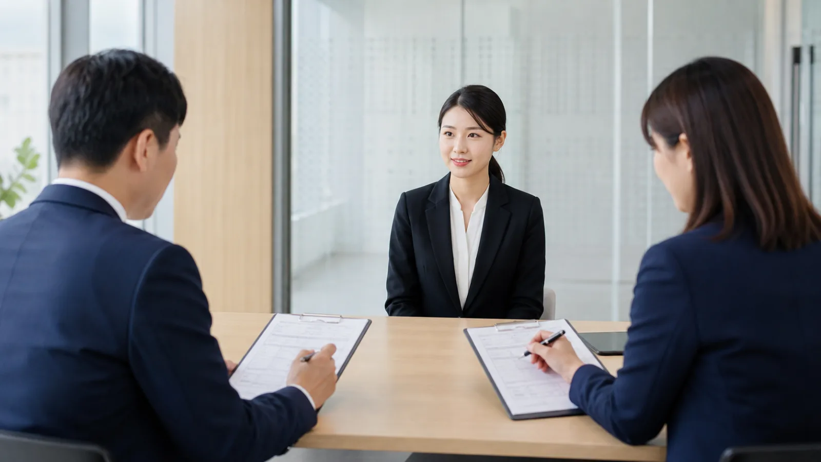 여러 지원자의 답변을 같은 행동 기준표로 독립 채점하는 면접관들
