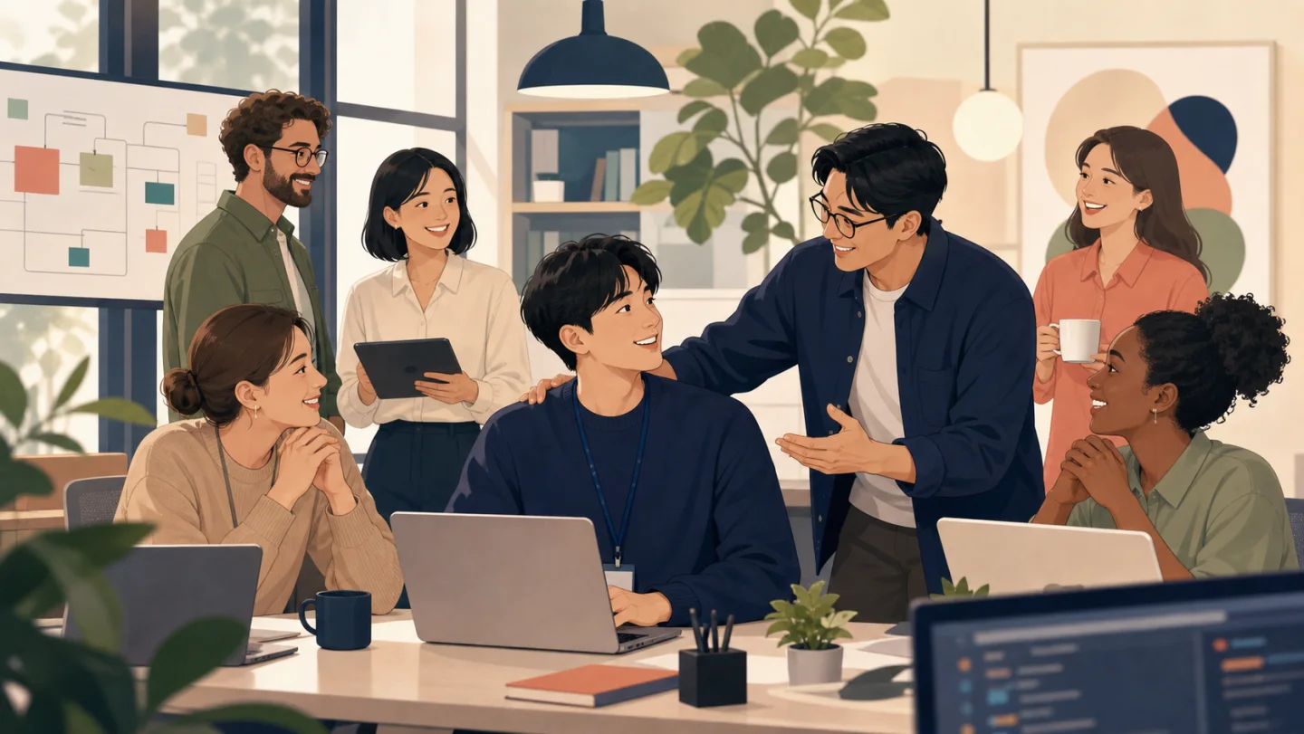 새로 합류한 개발자를 매니저와 팀원들이 따뜻하게 맞이하며 업무를 안내하는 장면
