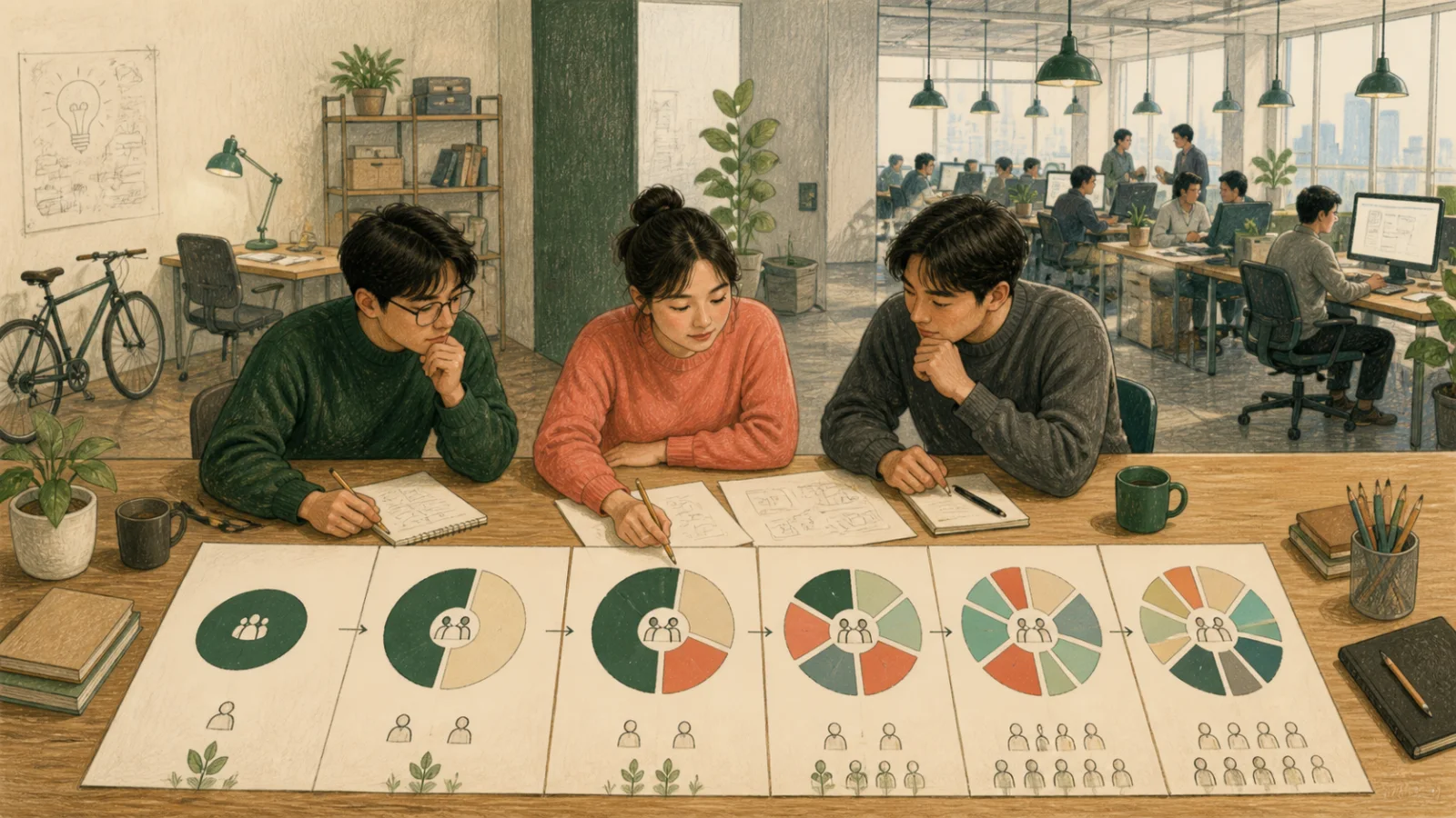 투자 라운드가 이어지면서 창업팀의 지분 비율과 회사 규모가 함께 달라지는 과정을 살펴보는 모습