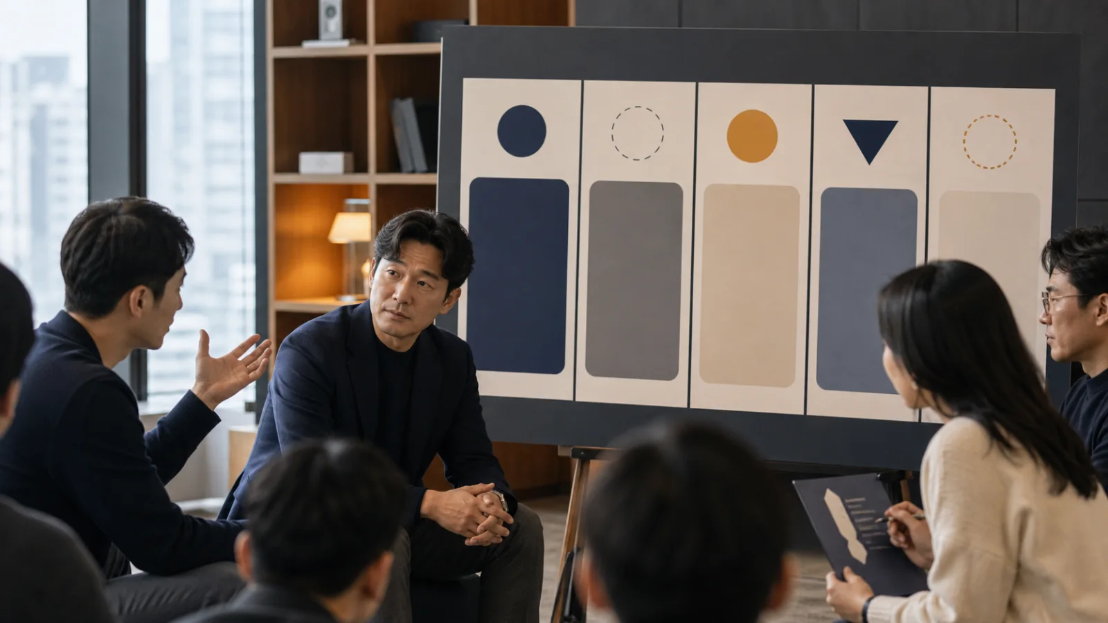 결정과 미결정, 근거, 영향, 다음 답변을 나눈 사내 공지 초안을 검토하는 리더와 팀장