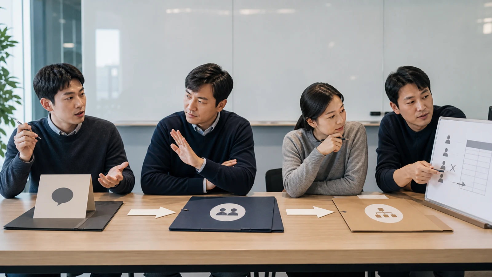 의견을 권하는 말과 회의의 제지 반응, 평가 제도를 세 단계로 대조하는 리더와 팀원들