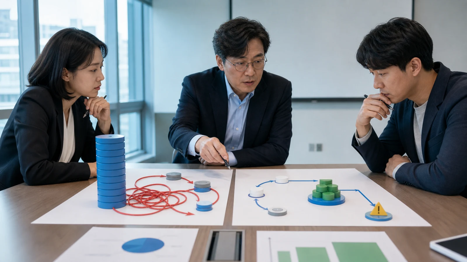 많은 개인 작업 뒤의 재작업과 적은 작업 뒤의 위험 예방을 두 경로로 비교하는 평가회의